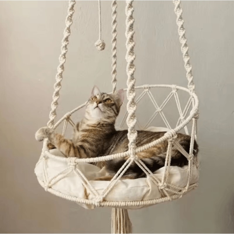 HandWoven Boho Hanging Cat Hammock Cozy Elevated Bed For Kittens Cats 0