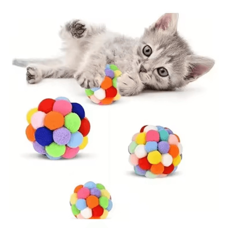 Colorful Plush Bell Ball Cat Toys Interactive Pom Pom Bouncy Balls For Cats 0