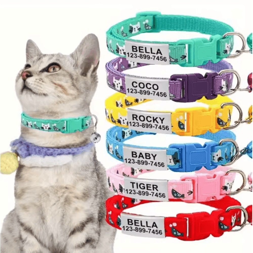 Personalized Cat Collar With Bell Custom Engraved Name Tag Collar For Cats Kittens 0