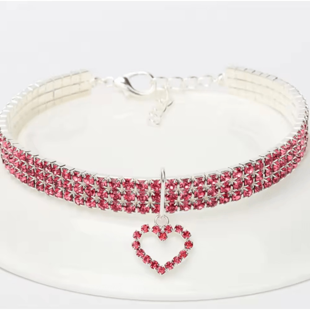ThreeRow Rhinestone Pet Collar Rhinestone Pet Collar For Cats Dogs With Elegant Heart Charm Design 1