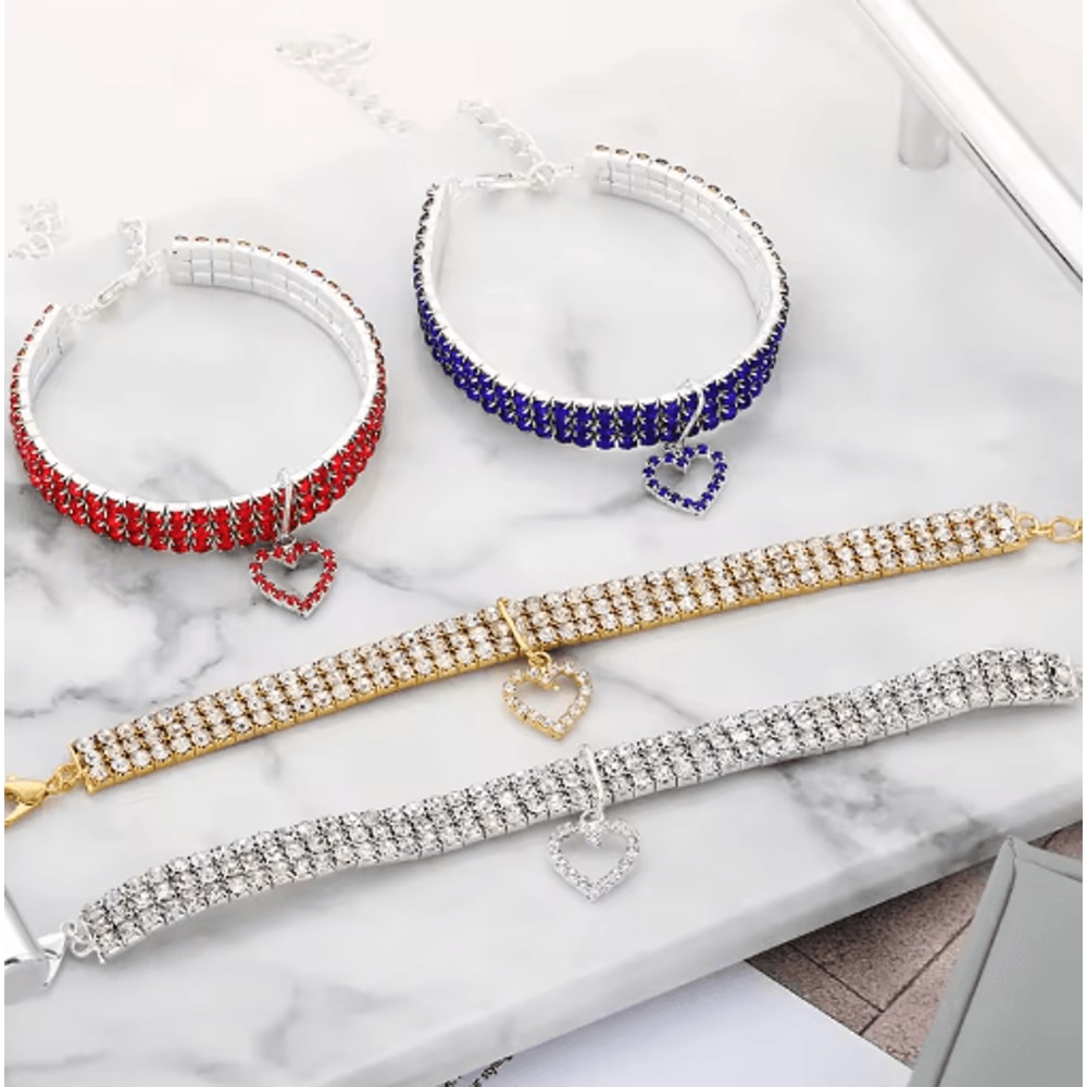 ThreeRow Rhinestone Pet Collar Rhinestone Pet Collar For Cats Dogs With Elegant Heart Charm Design 8