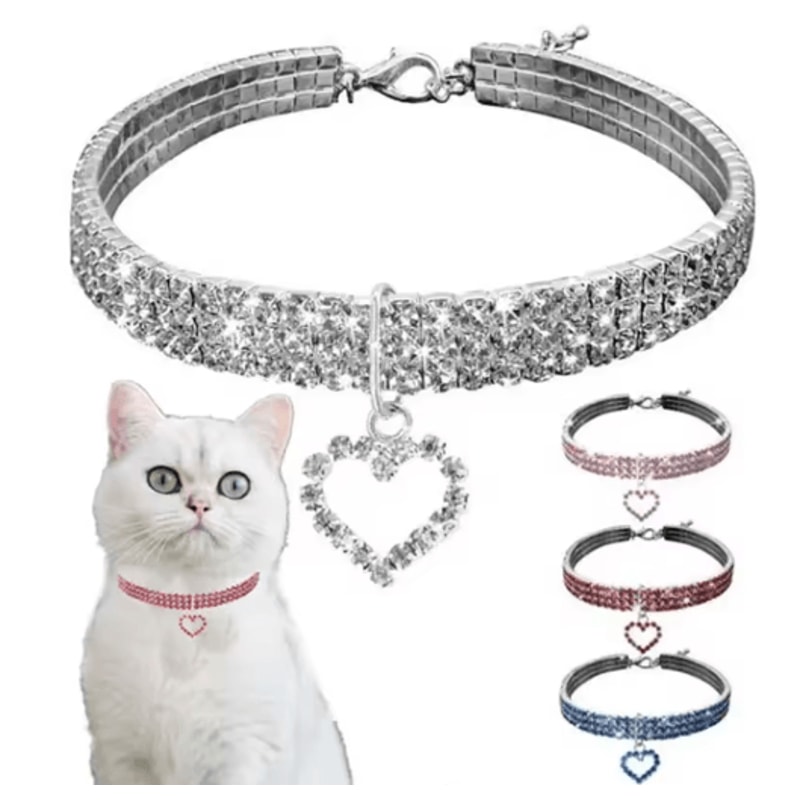 ThreeRow Rhinestone Pet Collar Rhinestone Pet Collar For Cats Dogs With Elegant Heart Charm Design 0