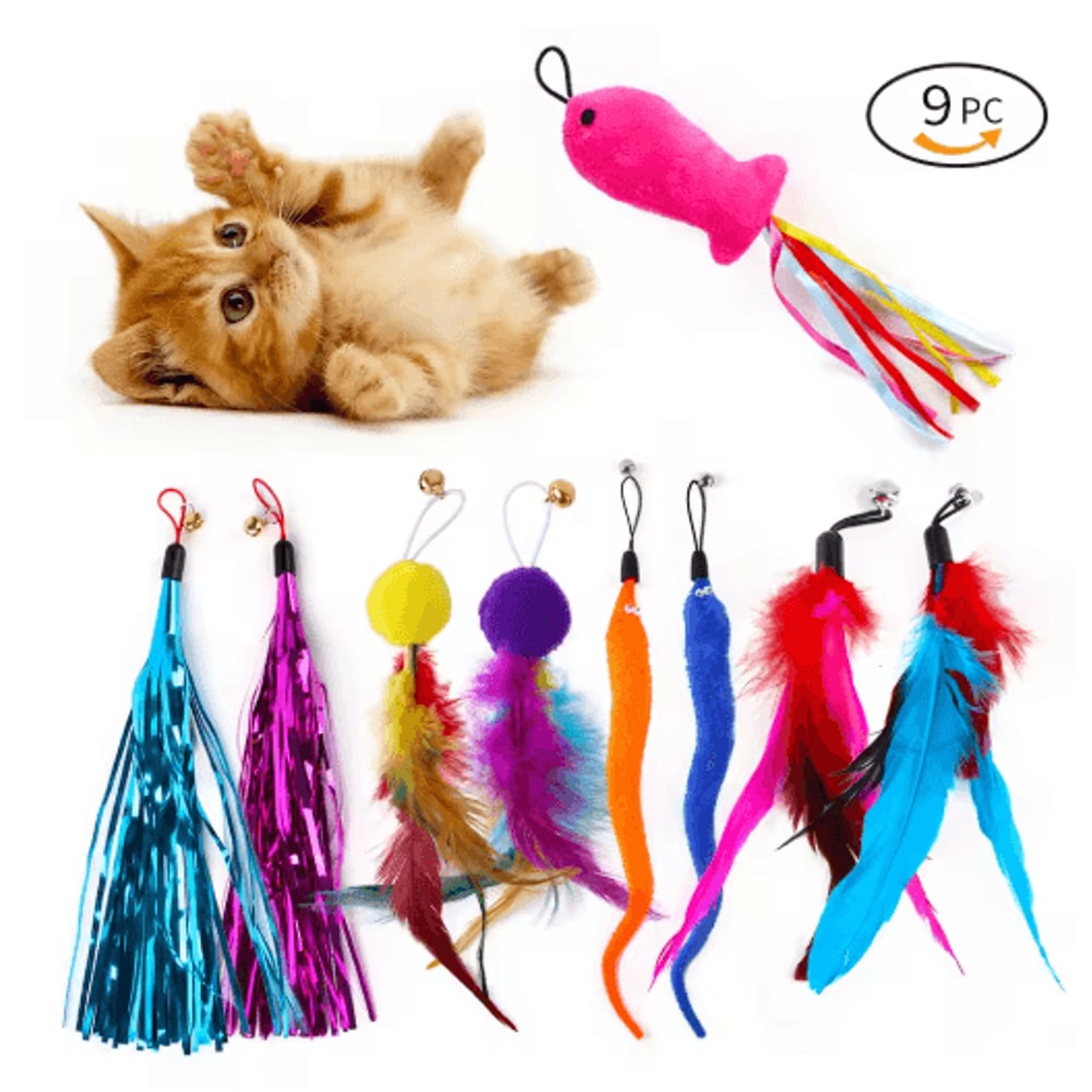 9Pack Feather Replacement Cat Toy Set Feather Cat Toy Refills For Interactive Wand Fishing Rod Toy 1