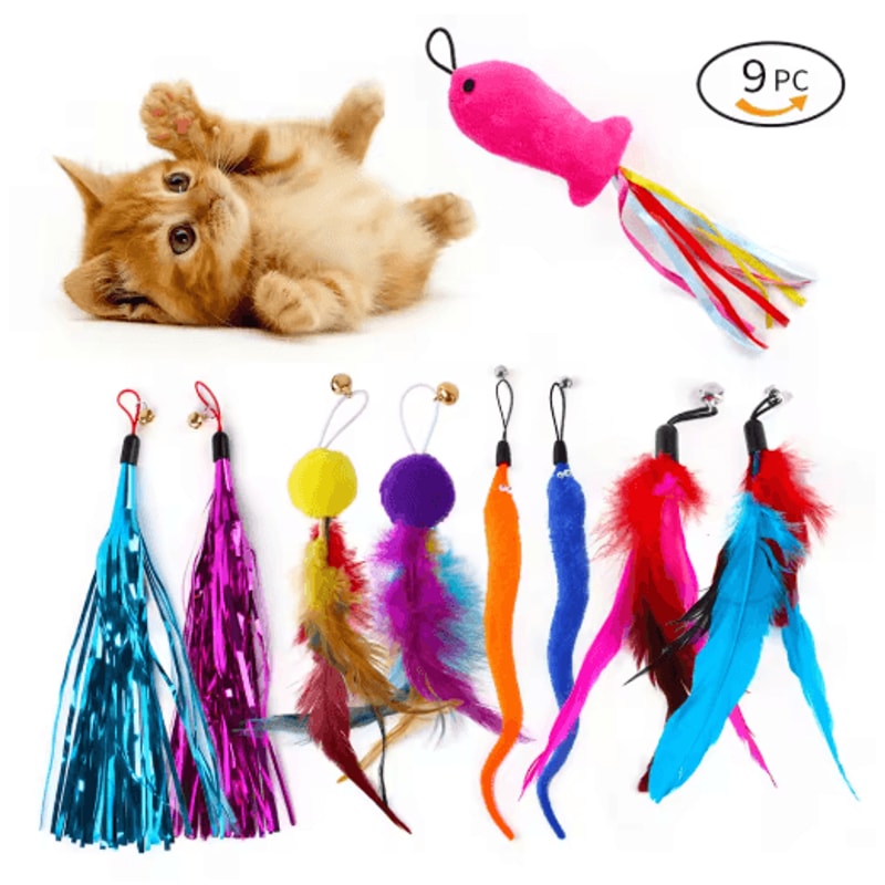9Pack Feather Replacement Cat Toy Set Feather Cat Toy Refills For Interactive Wand Fishing Rod Toy 0