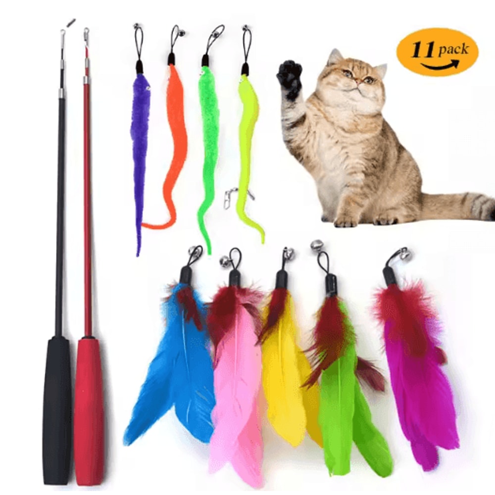 Retractable Feather Cat Teaser Wand Cat Teaser Wand With Colorful Feathers Bells Extendable Fishin 1