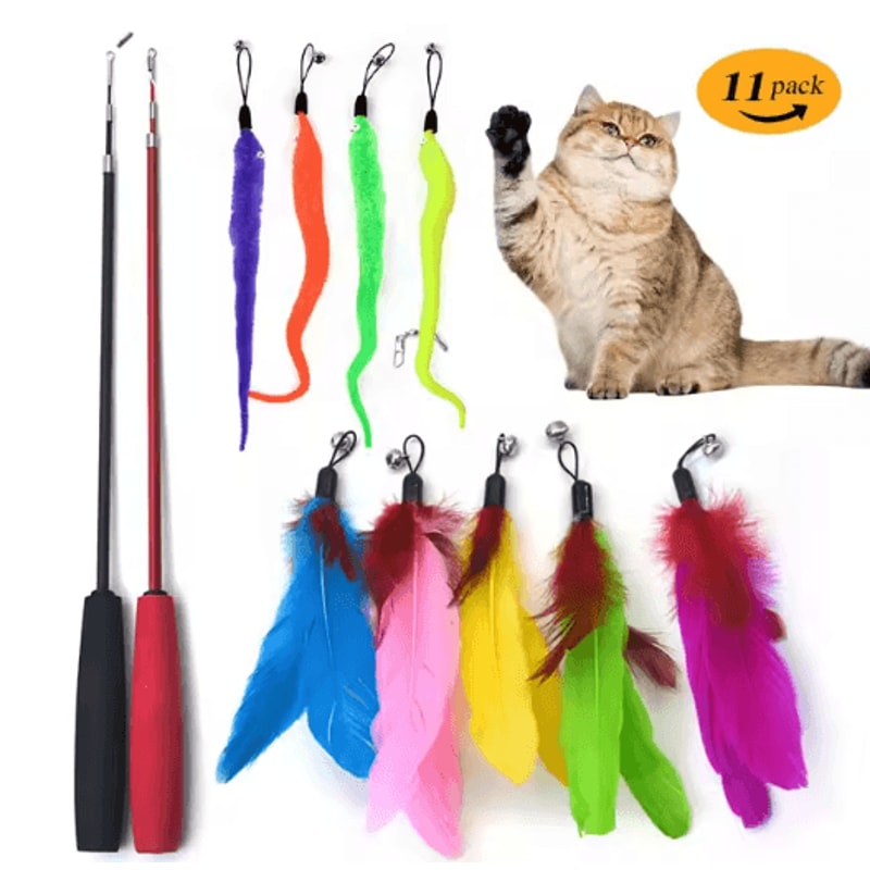 Retractable Feather Cat Teaser Wand Cat Teaser Wand With Colorful Feathers Bells Extendable Fishin 1