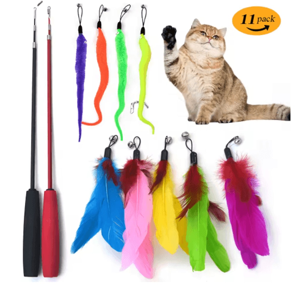 Retractable Feather Cat Teaser Wand Cat Teaser Wand With Colorful Feathers Bells Extendable Fishin 0