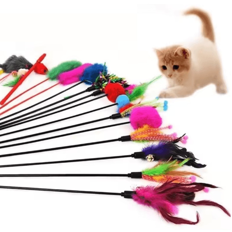 5Piece Turkey Feather Cat Teaser Wand Set Interactive Cat Toy With Wire Chaser Bell Attachments 1