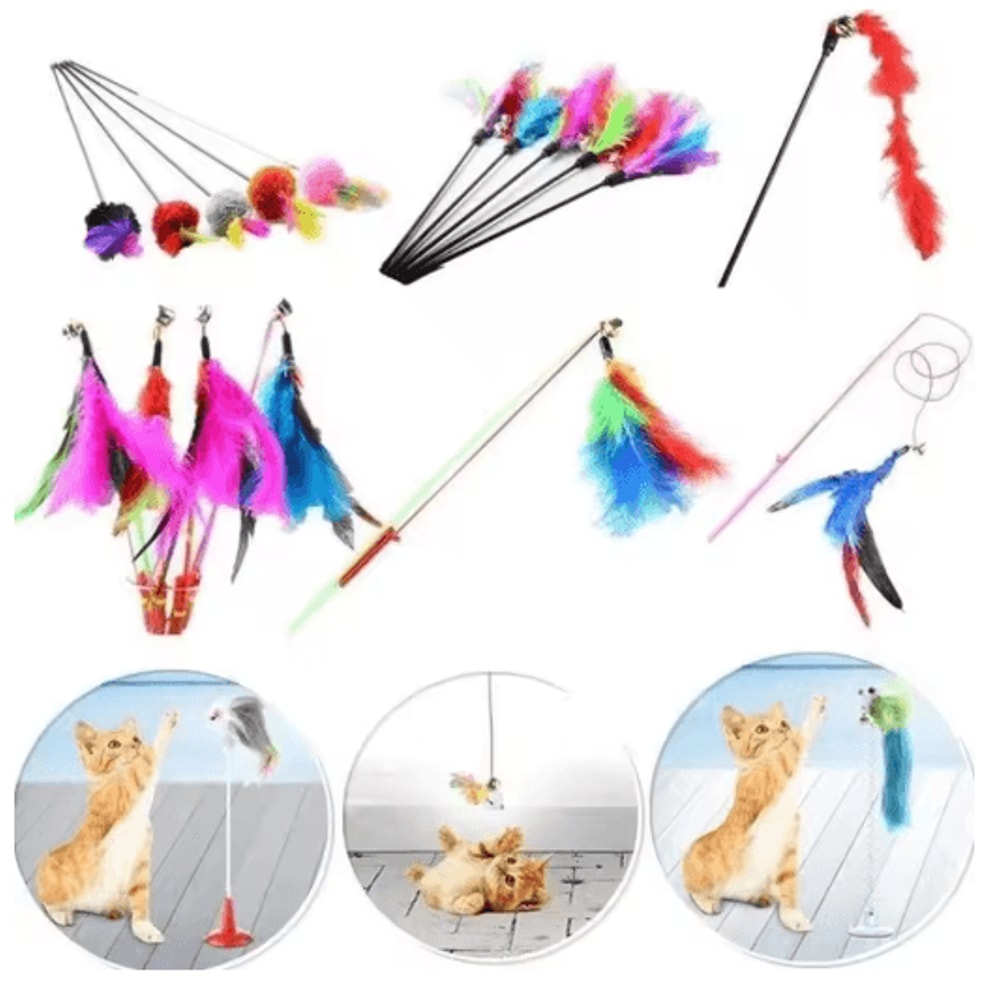 5Piece Turkey Feather Cat Teaser Wand Set Interactive Cat Toy With Wire Chaser Bell Attachments 3