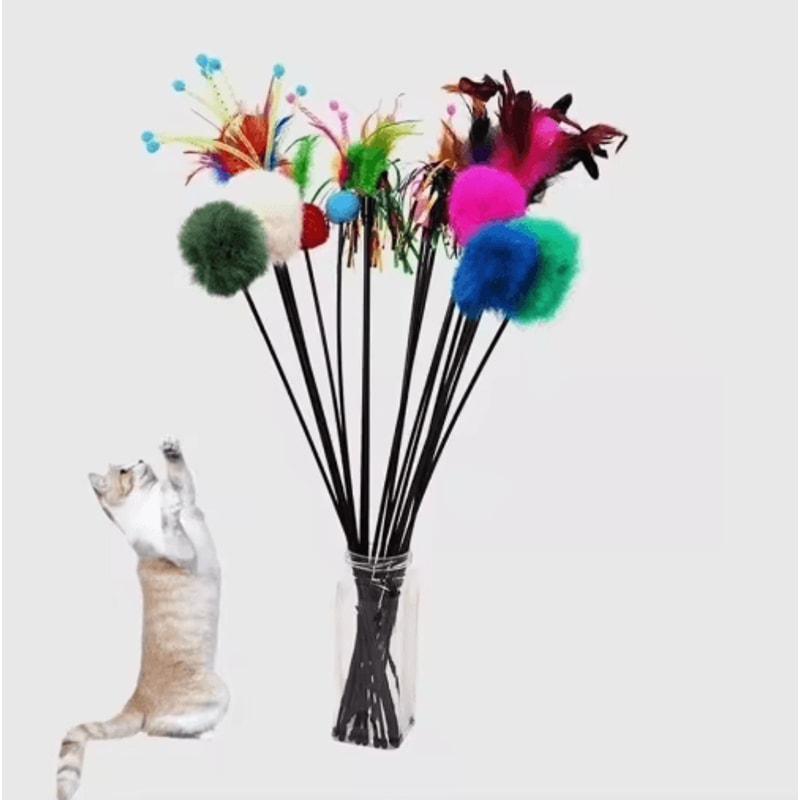 5Piece Turkey Feather Cat Teaser Wand Set Interactive Cat Toy With Wire Chaser Bell Attachments 0
