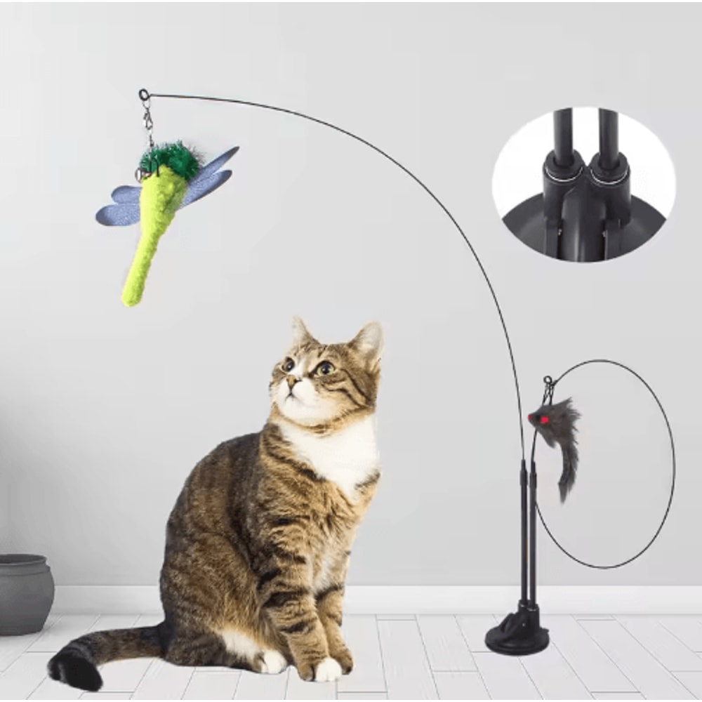 DoubleHead Suction Cup Cat Teaser Toy Interactive Cat Toy With Mouse Feather Bell Attachments 0