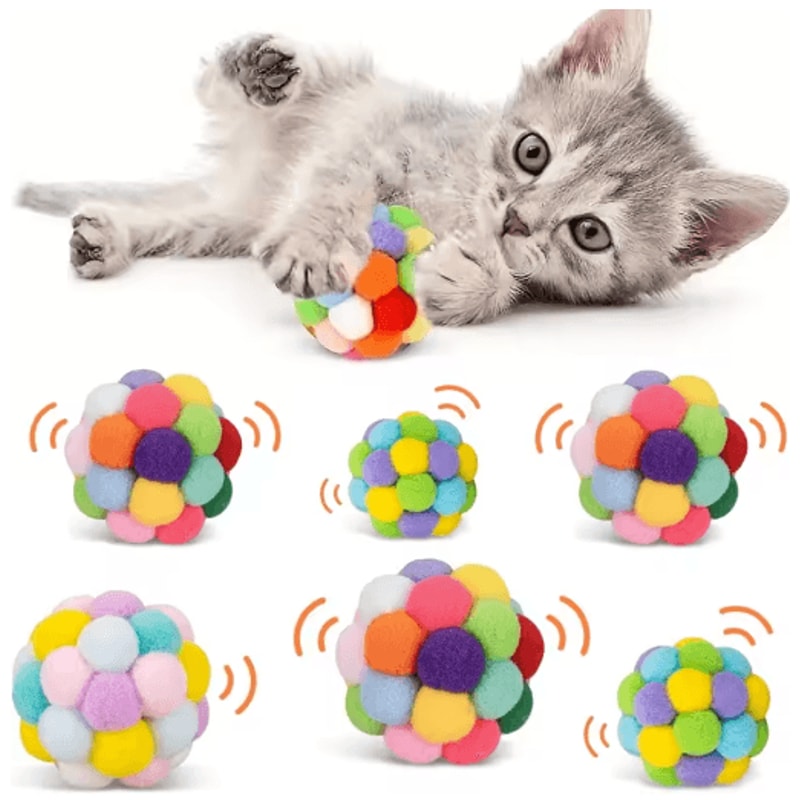 Colorful Cat Pom Pom Ball Set Cat Toy Balls With Bells Sparkly Tinsel For Interactive Play 1