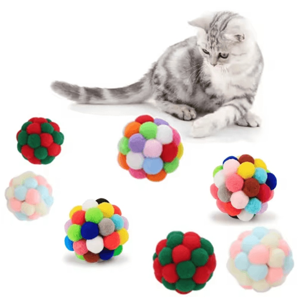 Colorful Cat Pom Pom Ball Set Cat Toy Balls With Bells Sparkly Tinsel For Interactive Play 2