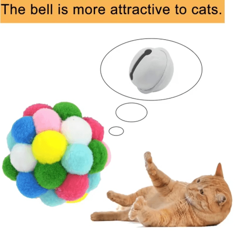 Colorful Cat Pom Pom Ball Set Cat Toy Balls With Bells Sparkly Tinsel For Interactive Play 8