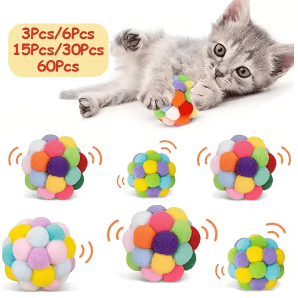 Colorful Cat Pom Pom Ball Set Cat Toy Balls With Bells Sparkly Tinsel For Interactive Play 0