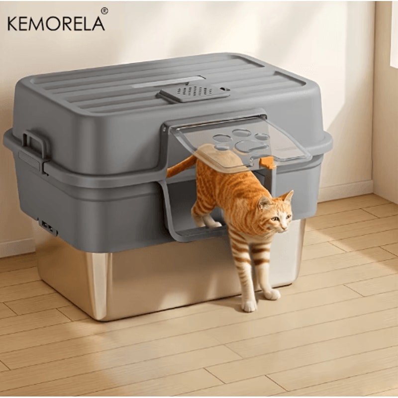 XL Stainless Steel Enclosed Cat Litter Box Large Cat Litter Box With Odor Control EasyClean Desig 0