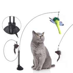 feather fly suction cup bird teaser wand toy for cats