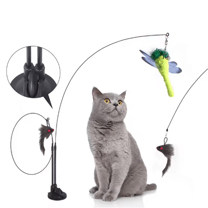 Feather Fly Suction Cup Bird Teaser Wand Toy For Cats 0