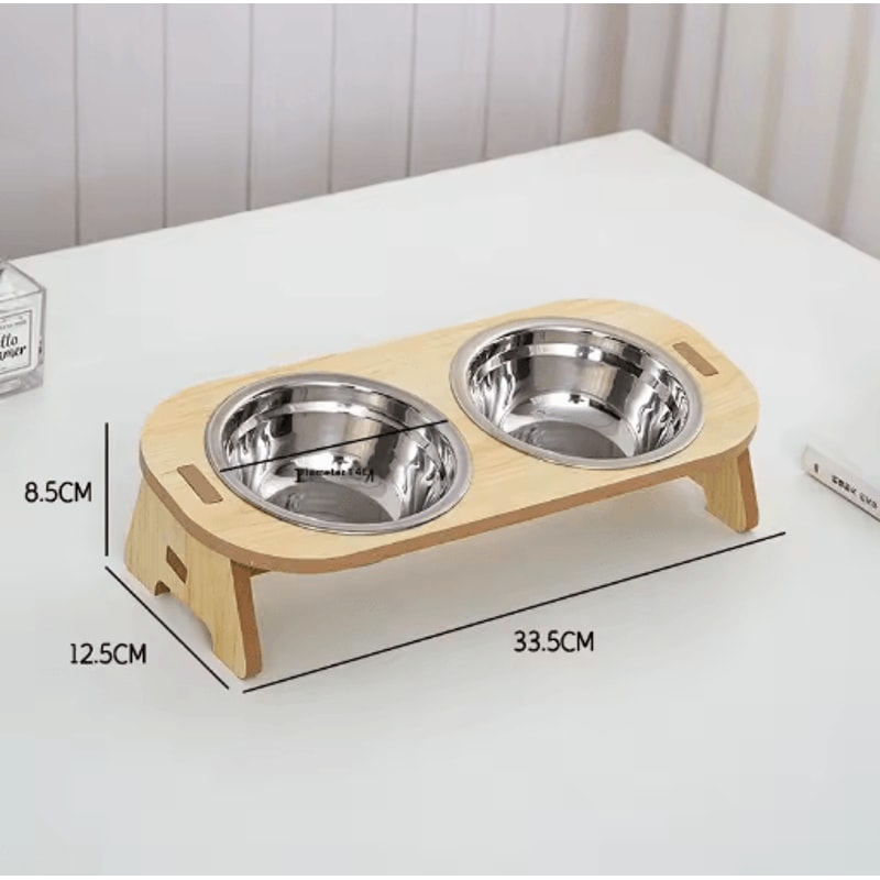 Elevated Stainless Steel Pet Feeding Bowl Set With Wooden Stand 1