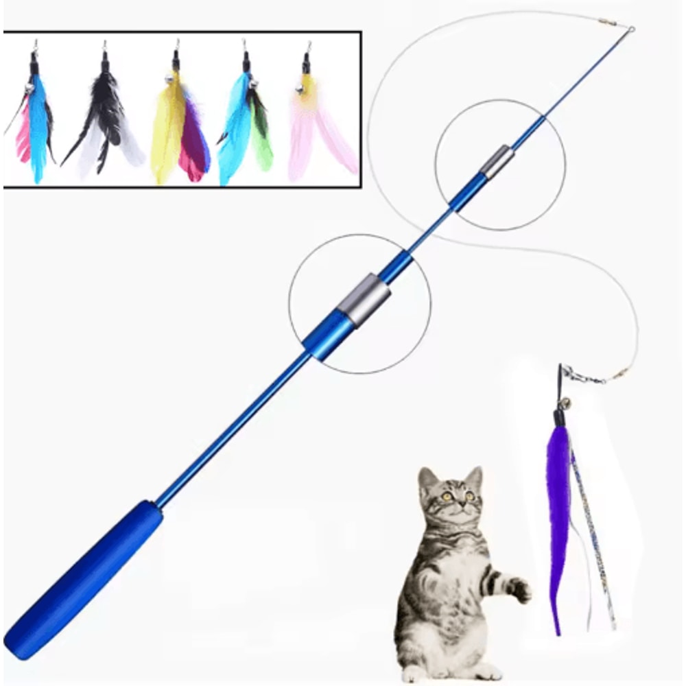 Super Long Telescopic Cat Teaser Wand With Feather Replacement Head 0