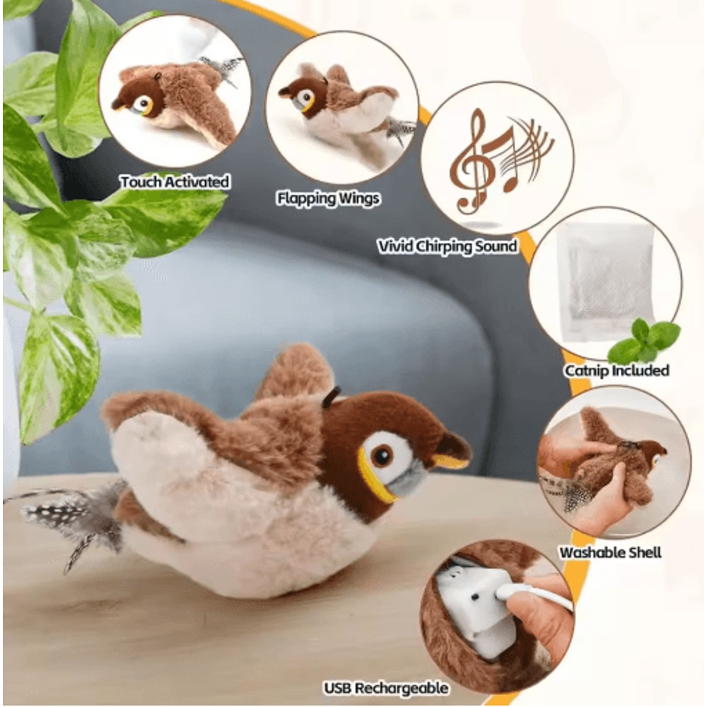 Rechargeable Chirping Flapping Bird Toy TouchActivated Interactive Plush Toy For Cats And Small Do 3