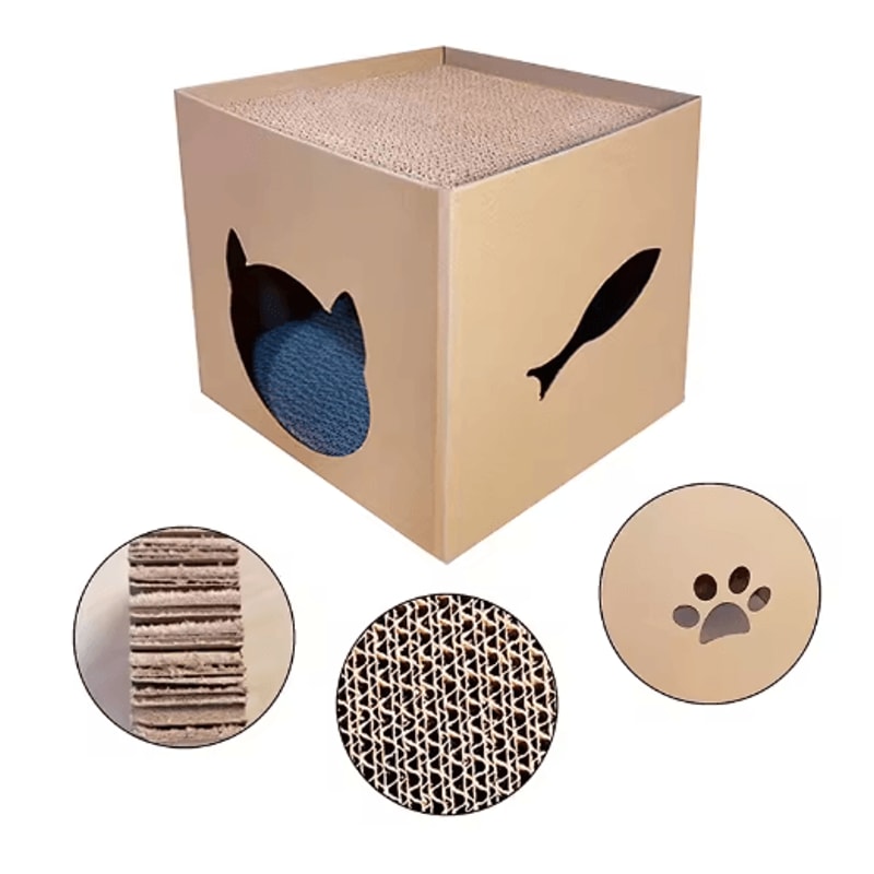 Foldable Cat House With Corrugated Scratching Board Cozy Hideout Play Space For Cats And Small Pet 6