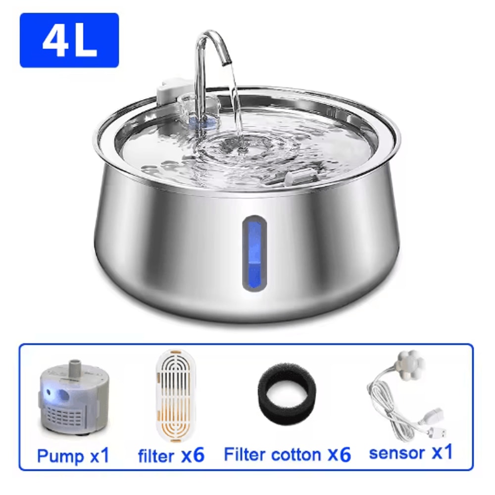 Pure Flow 4L Stainless Steel Cat Water Fountain Ultra Quiet Pet Water Dispenser With MultiLayer Fil 1