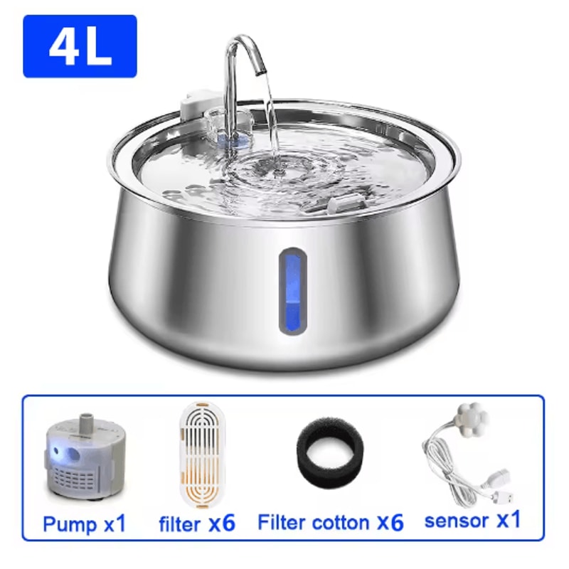 Pure Flow 4L Stainless Steel Cat Water Fountain Ultra Quiet Pet Water Dispenser With MultiLayer Fil 1