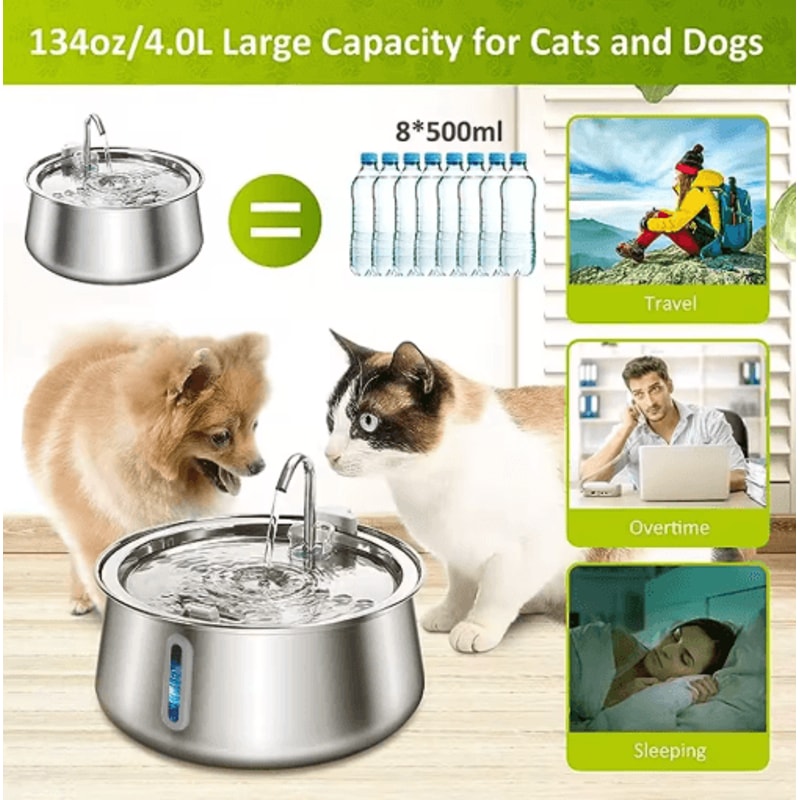 Pure Flow 4L Stainless Steel Cat Water Fountain Ultra Quiet Pet Water Dispenser With MultiLayer Fil 6