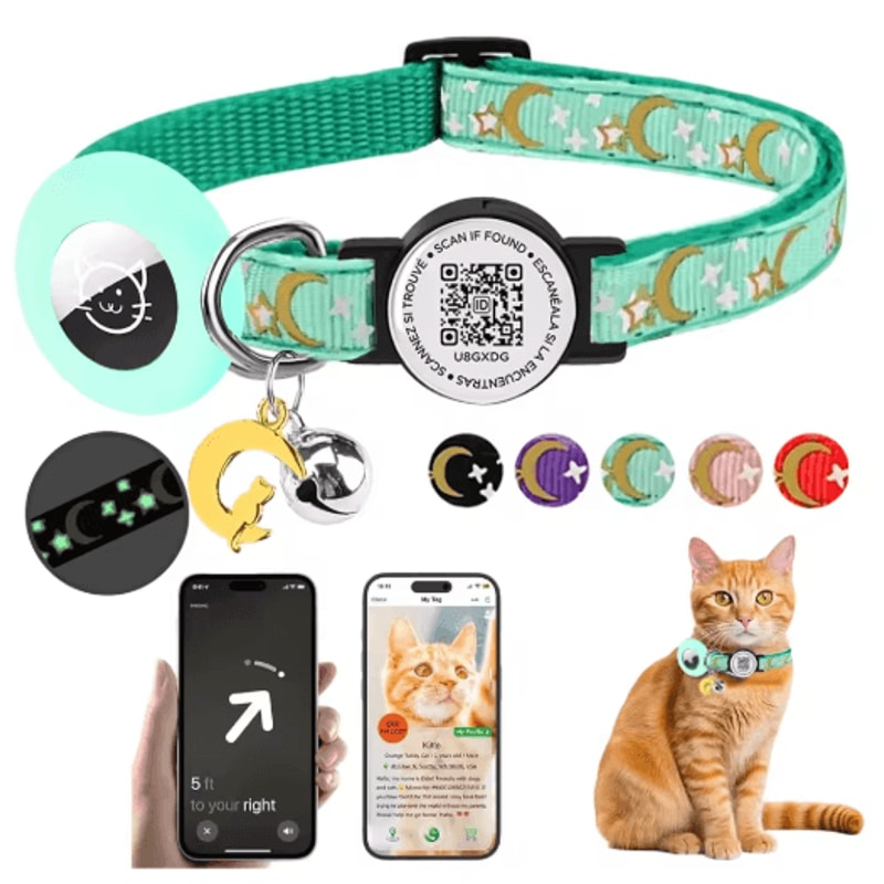 Safe Track AirTag Cat Collar GlowintheDark Pet Collar With AirTag Holder Bell QR ID Tag 0