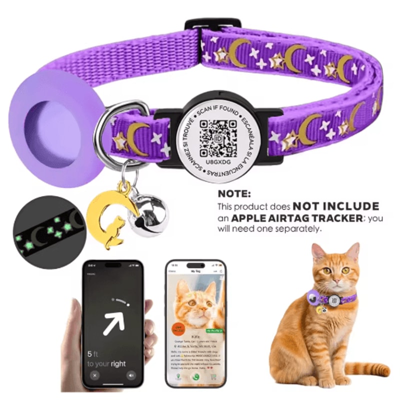 Safe Track AirTag Cat Collar GlowintheDark Pet Collar With AirTag Holder Bell QR ID Tag 5