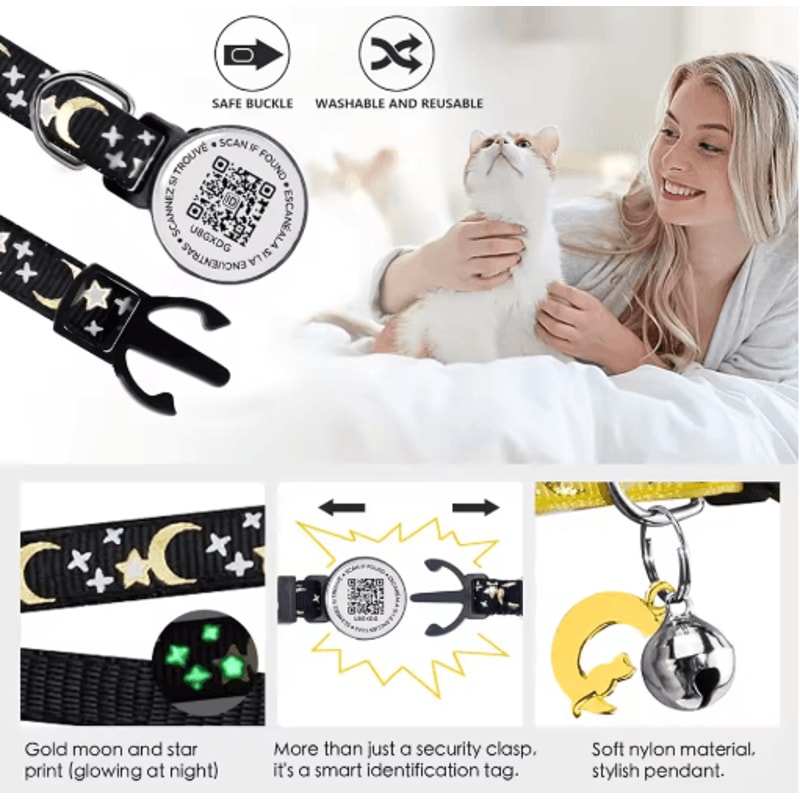 Safe Track AirTag Cat Collar GlowintheDark Pet Collar With AirTag Holder Bell QR ID Tag 9