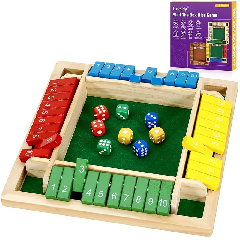 Wooden Shut The Box Board Game For 4 Players Family Dice Math Game 5