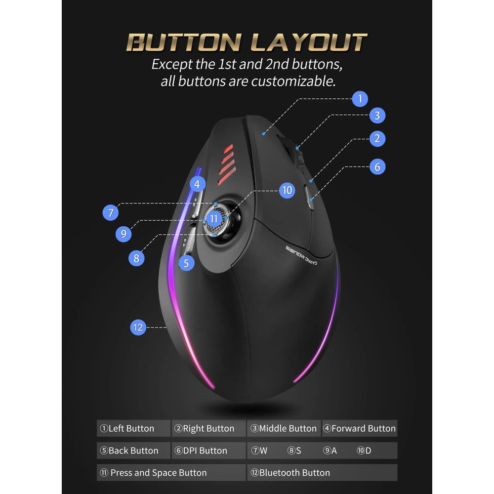 ZELOTES F18 Vertical Ergonomic Wireless Gaming Mouse With Bluetooth High DPI Control 2