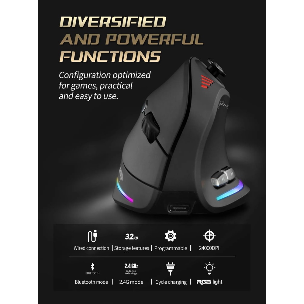 ZELOTES F18 Vertical Ergonomic Wireless Gaming Mouse With Bluetooth High DPI Control 6