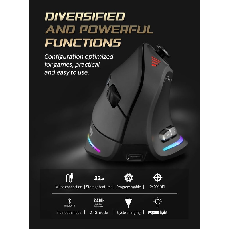 ZELOTES F18 Vertical Ergonomic Wireless Gaming Mouse With Bluetooth High DPI Control 6