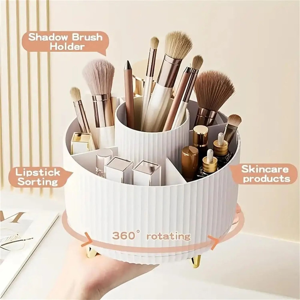 Rotating Makeup Organizer With Brush Holder And Storage Compartments 3