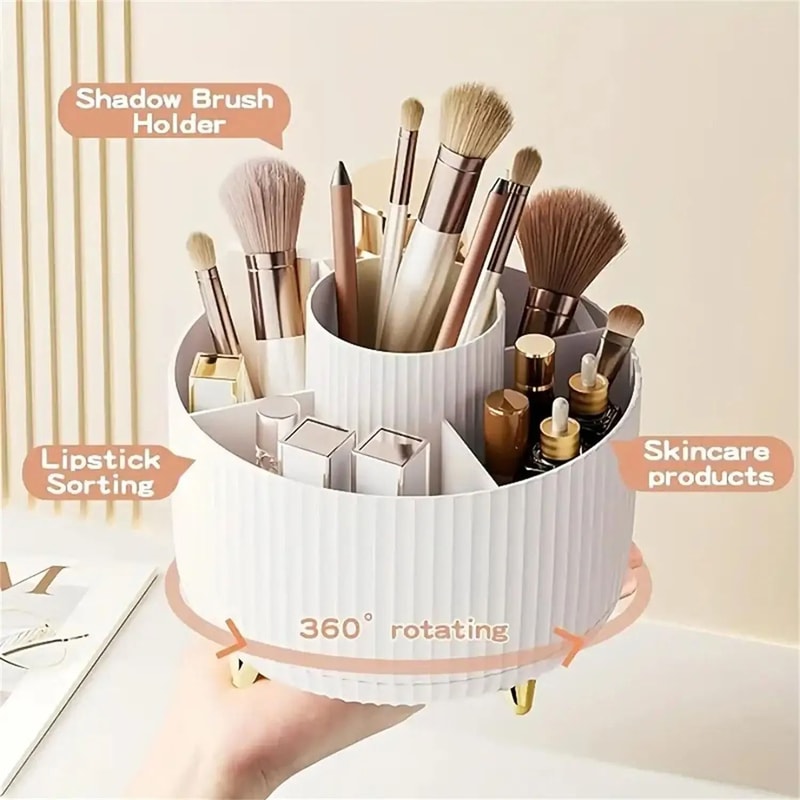 Rotating Makeup Organizer With Brush Holder And Storage Compartments 3