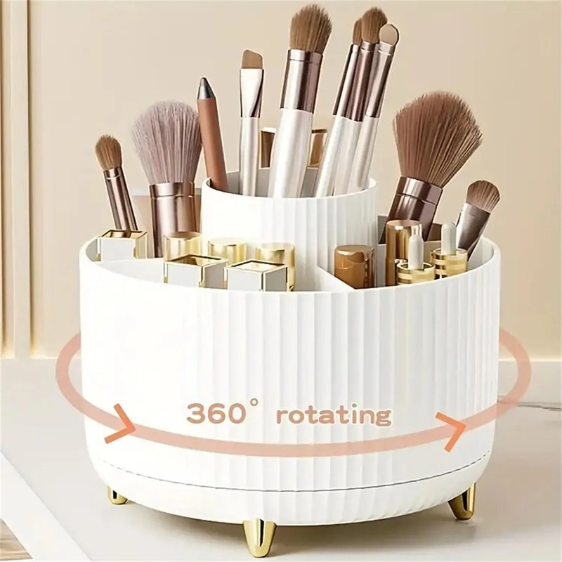 Rotating Makeup Organizer With Brush Holder And Storage Compartments 7
