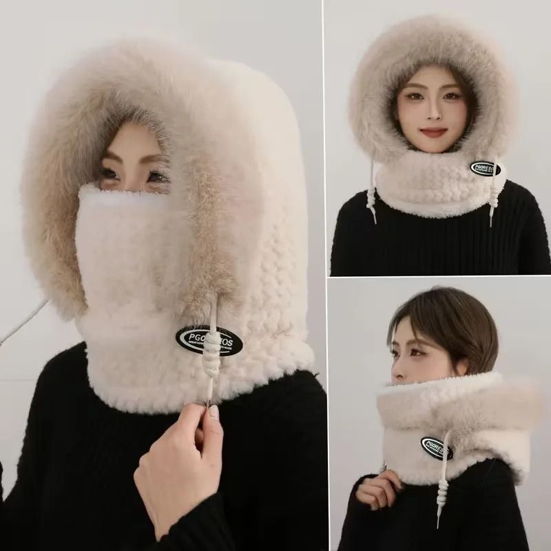 Womens Thermal Plush Hood Scarf Mask Windproof Winter Set 2