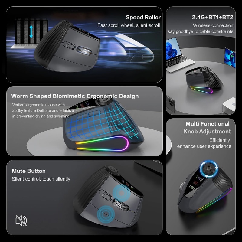 Jomaa RGB Wireless Vertical Ergonomic Mouse With Bluetooth 5