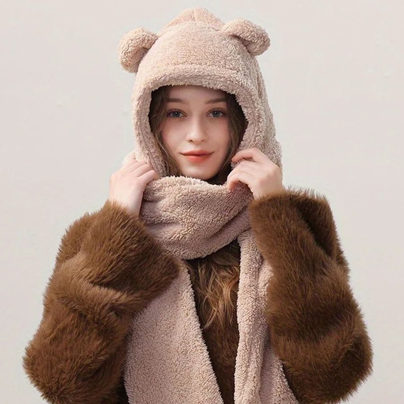 Cute Bear Ear Plush Winter Hat Scarf And Gloves Set 9