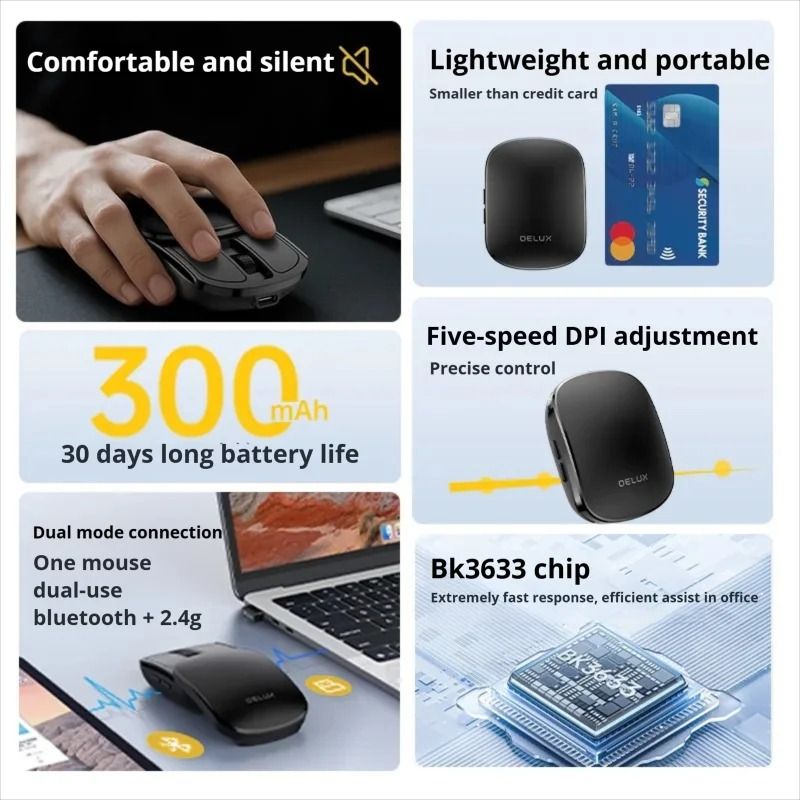 Delux Folding Wireless Mouse Bluetooth Silent Ultra Light 5