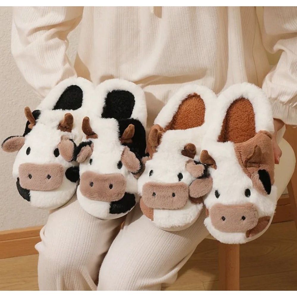 Winter Plush Cow Slippers For Couples Warm Non Slip Indoor Slippers For Men And Women 0