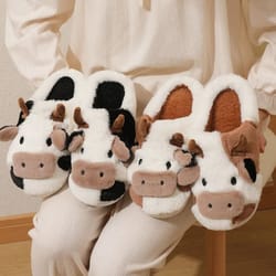 winter plush cow slippers for couples warm non slip indoor slippers for men and women