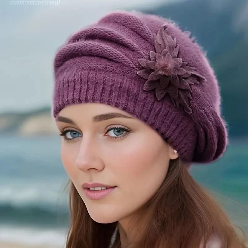 Womens Knitted Flower Beret Warm Winter Wool Hat 2