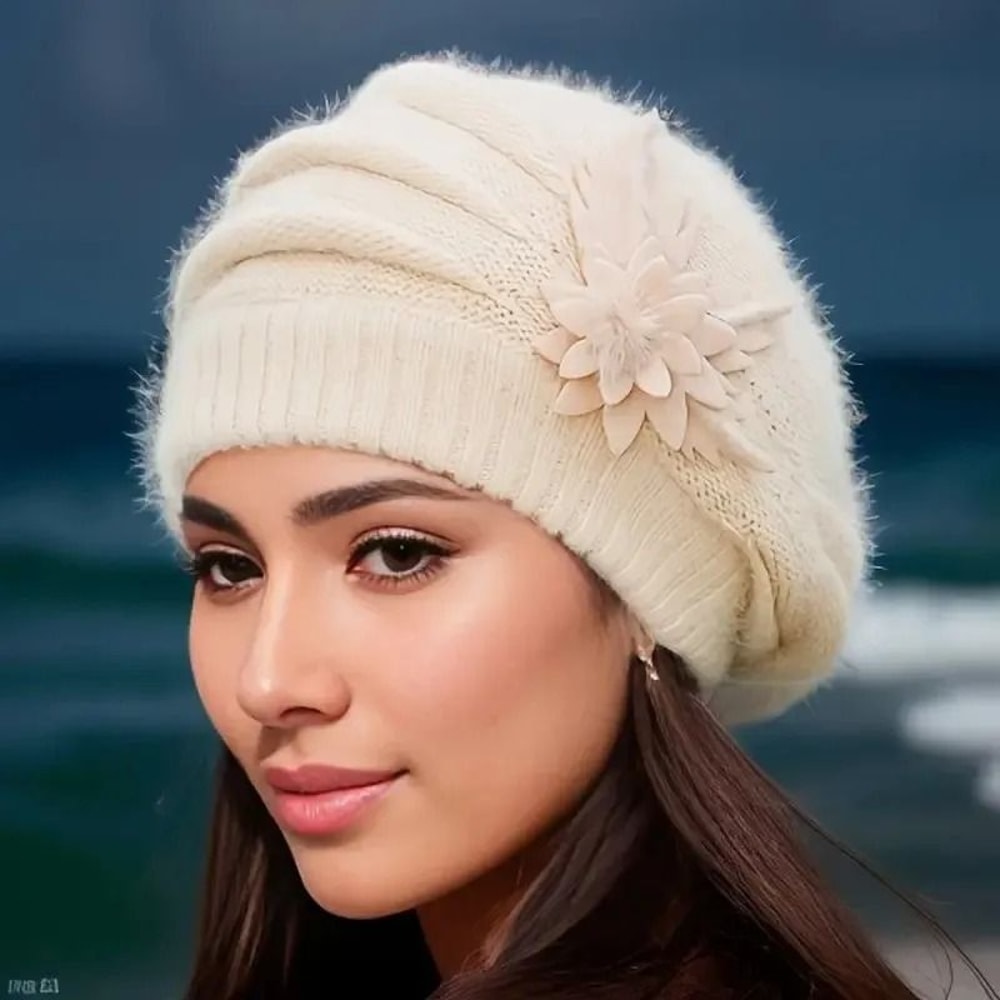 Womens Knitted Flower Beret Warm Winter Wool Hat 3