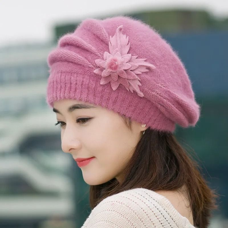 Womens Knitted Flower Beret Warm Winter Wool Hat 4