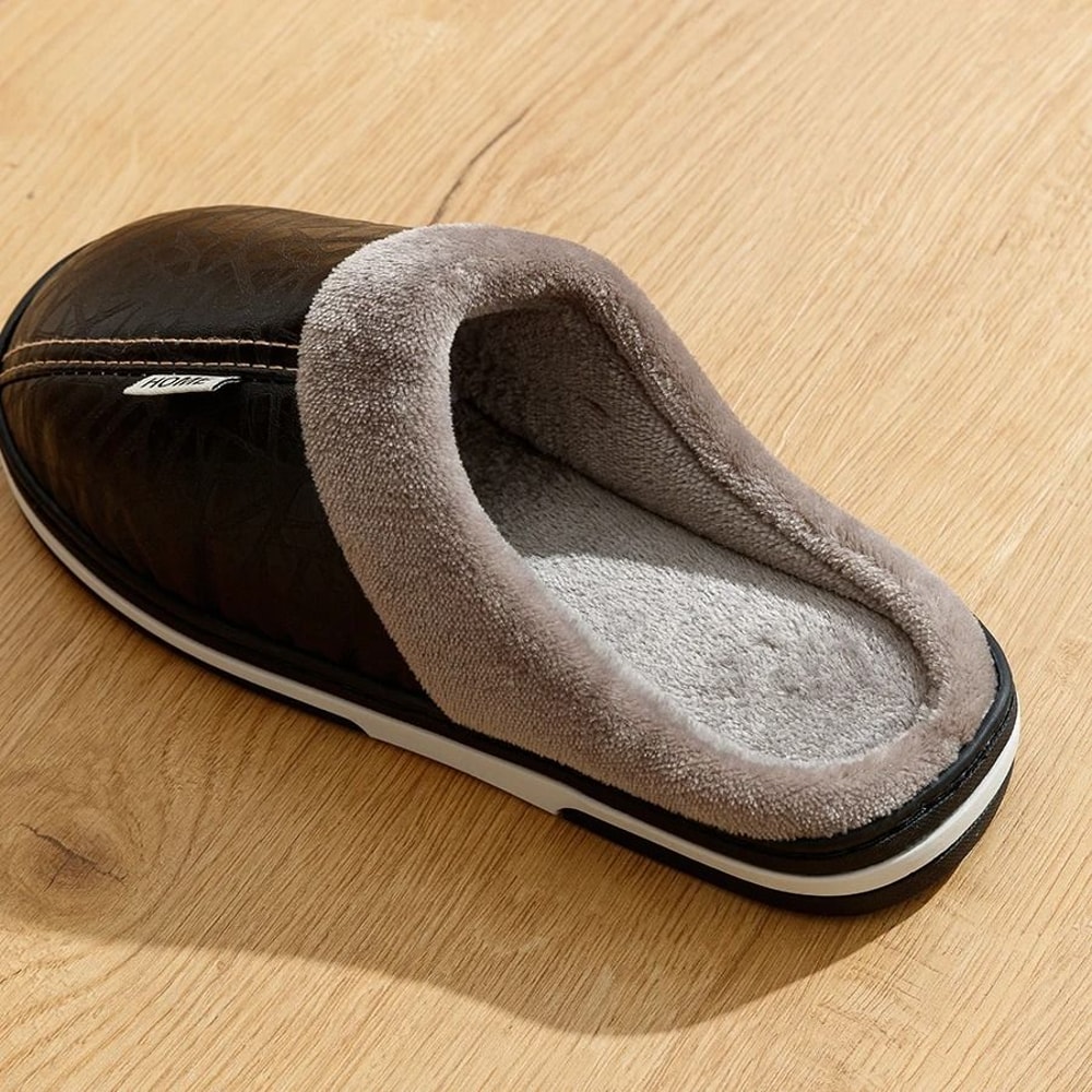 Mens Winter Indoor Slippers Waterproof PU Leather Warm House Shoes Big Sizes 3
