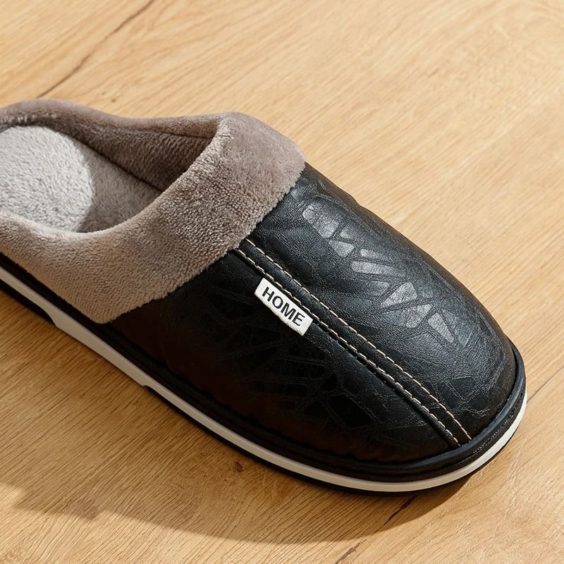 Mens Winter Indoor Slippers Waterproof PU Leather Warm House Shoes Big Sizes 4